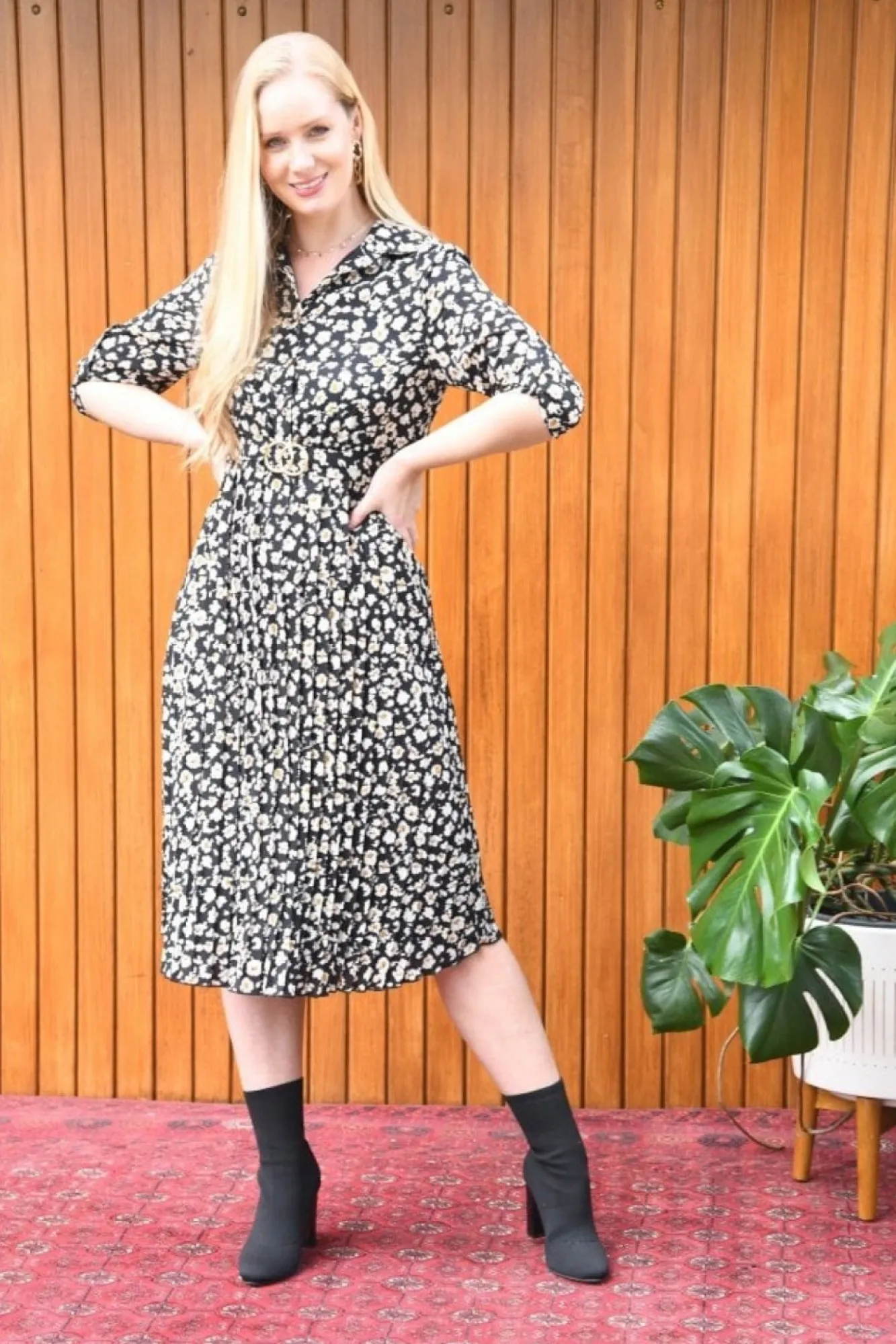 Midi Dresses^Mela London Ditsy Daisy Pleated Midi Dress Black