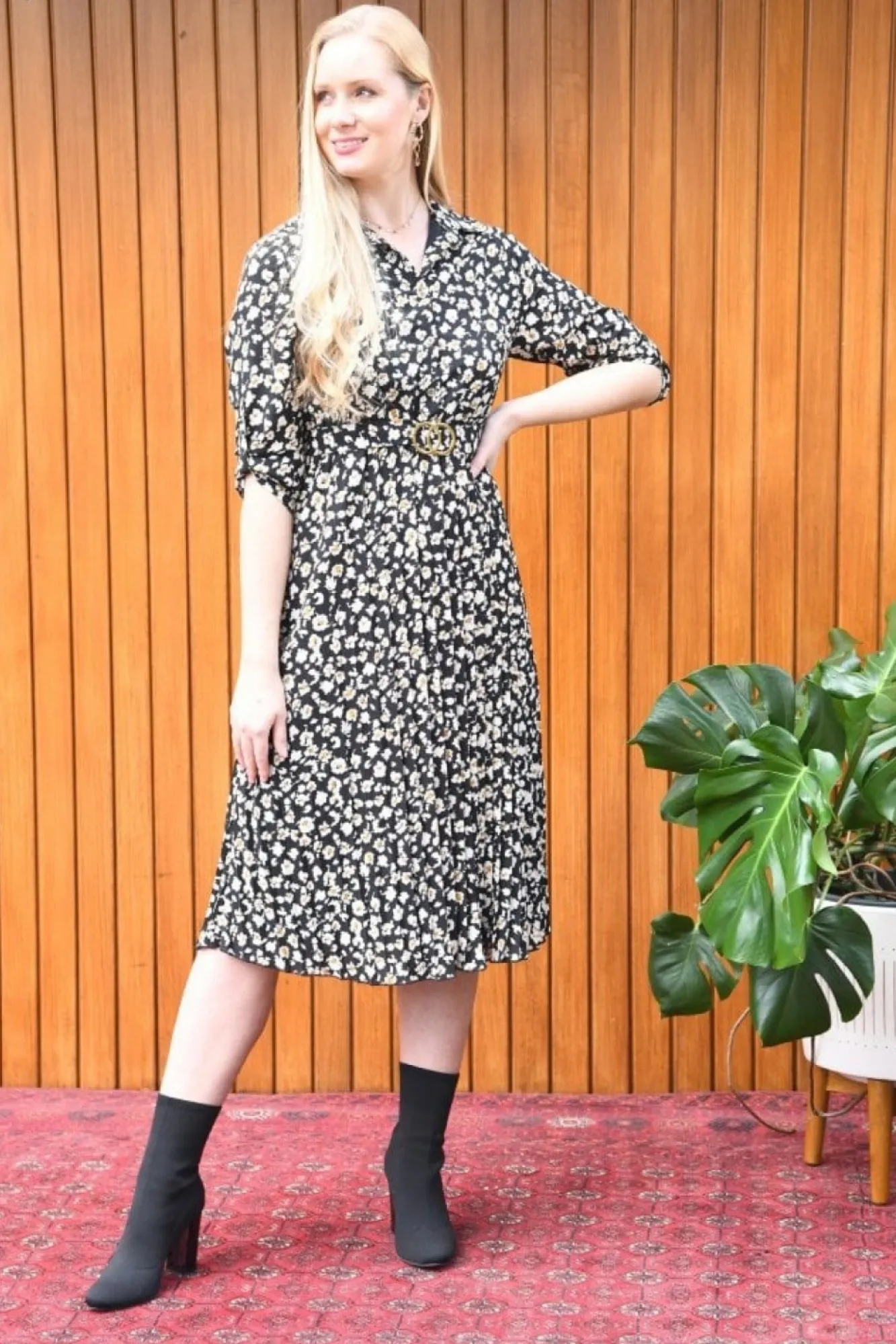 Midi Dresses^Mela London Ditsy Daisy Pleated Midi Dress Black