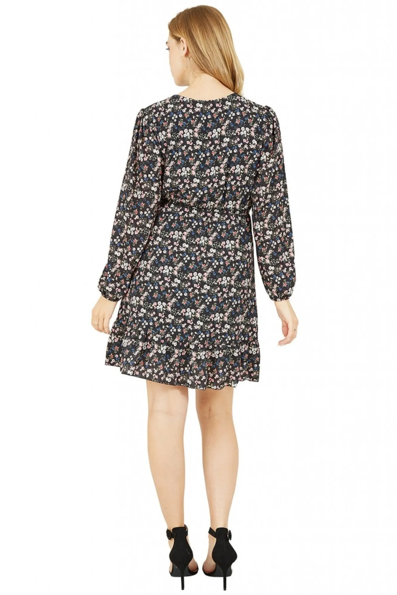Mini Dresses^Mela London Ditsy Flower Print Wrap Layered Frill Dress Black