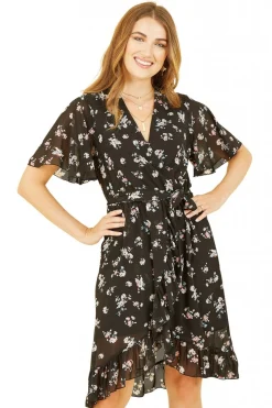 Mini Dresses^Mela London Floral Frill Wrap Dress Black