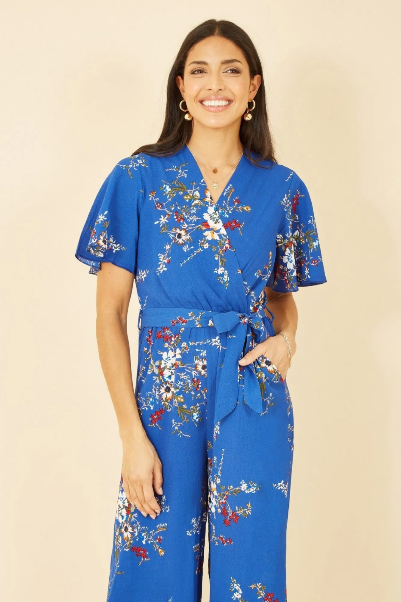 Jumpsuits^Mela London Floral Print Jumpsuit With Angel Sleeves Blue