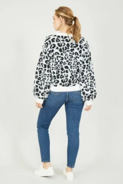 Jumpers^Mela London Leopard Knitted Fluffy Jumper Black