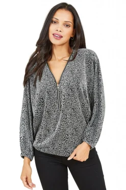 Blouses^Mela London Leopard Zip Top Silver