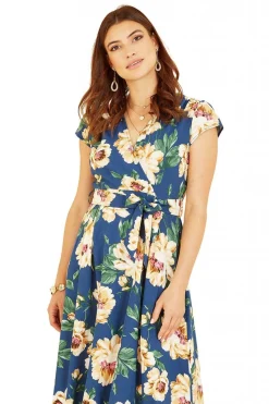 Midi Dresses^Mela London Painted Floral Print Dipped Hem Wrap Dress Blue