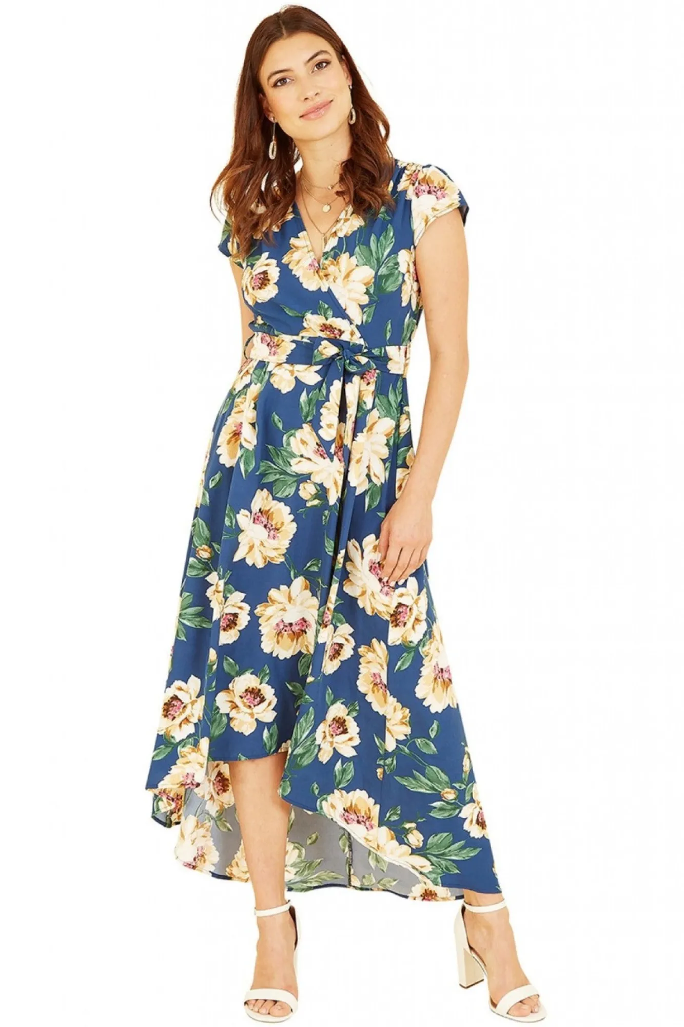 Midi Dresses^Mela London Painted Floral Print Dipped Hem Wrap Dress Blue