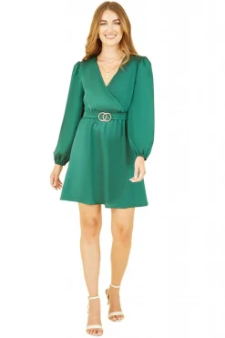 Mini Dresses^Mela London Satin Wrap Dress With Long Sleeves Green