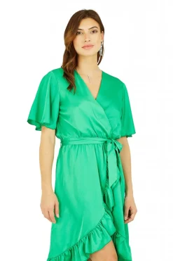 Mini Dresses^Mela London Satin Wrap Dress Green