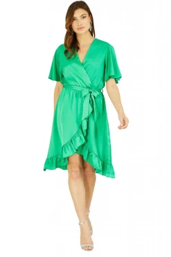 Mini Dresses^Mela London Satin Wrap Dress Green