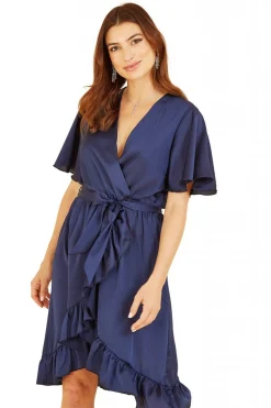 Mini Dresses^Mela London Satin Wrap Dress Navy