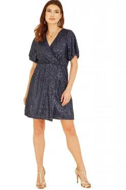 Mini Dresses^Mela London Sequin Kimono Sleeve Wrap Dress Navy
