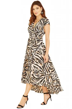 Midi Dresses^Mela London Zebra Print Dipped Hem Wrap Dress Black