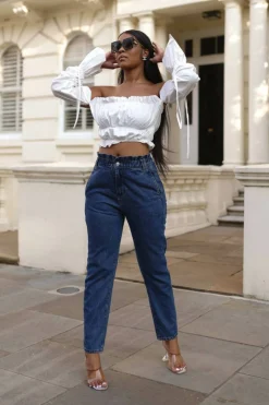 Trousers^SETSOFRAN London High Waist Shape Paperbag Jeans Medium Wash Denim Blue