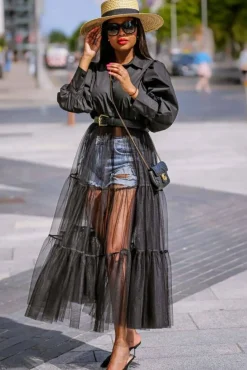 Midi Dresses^SETSOFRAN London Sheer Tulle Shirt Dress Black