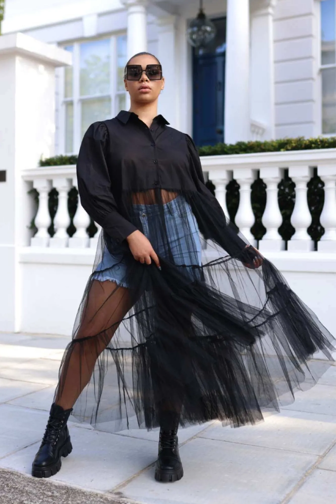 Midi Dresses^SETSOFRAN London Sheer Tulle Shirt Dress Black