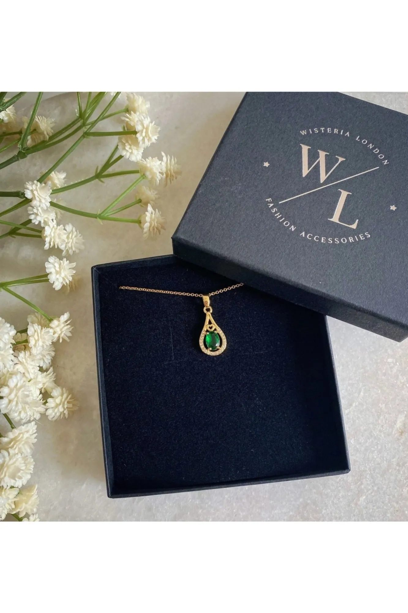 Jewellery^Wisteria London Esmeralda Teardrop Necklace Green