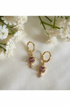 Jewellery^Wisteria London Orion Planet And Star Huggie Hoops Purple