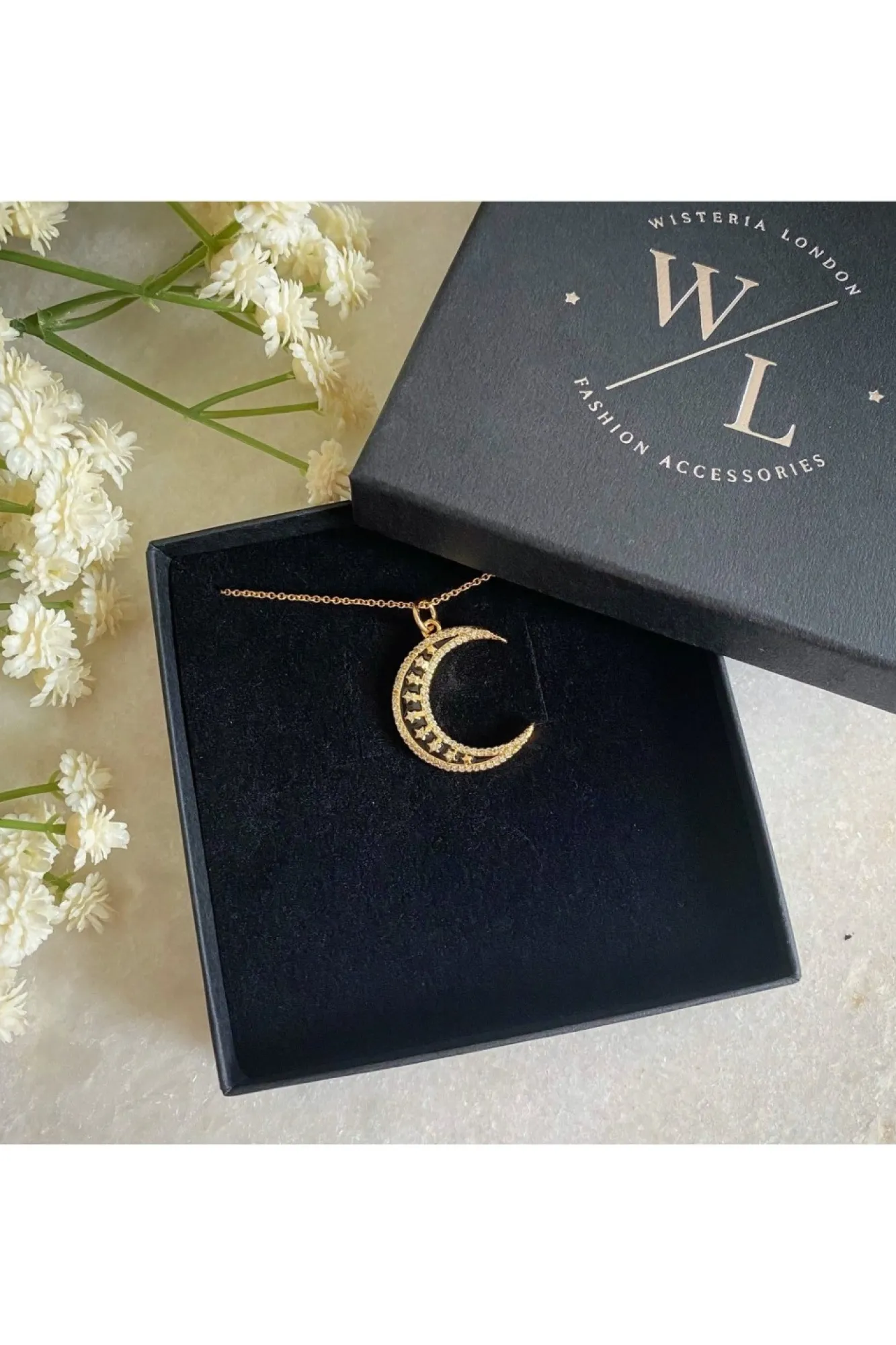 Jewellery^Wisteria London Twilight Moon Cz Necklace Black