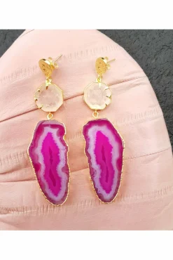 Jewellery^Yaa Yaa London Agate 'Hold On' Rose Quartz Gemstone Statement Earrings Pink