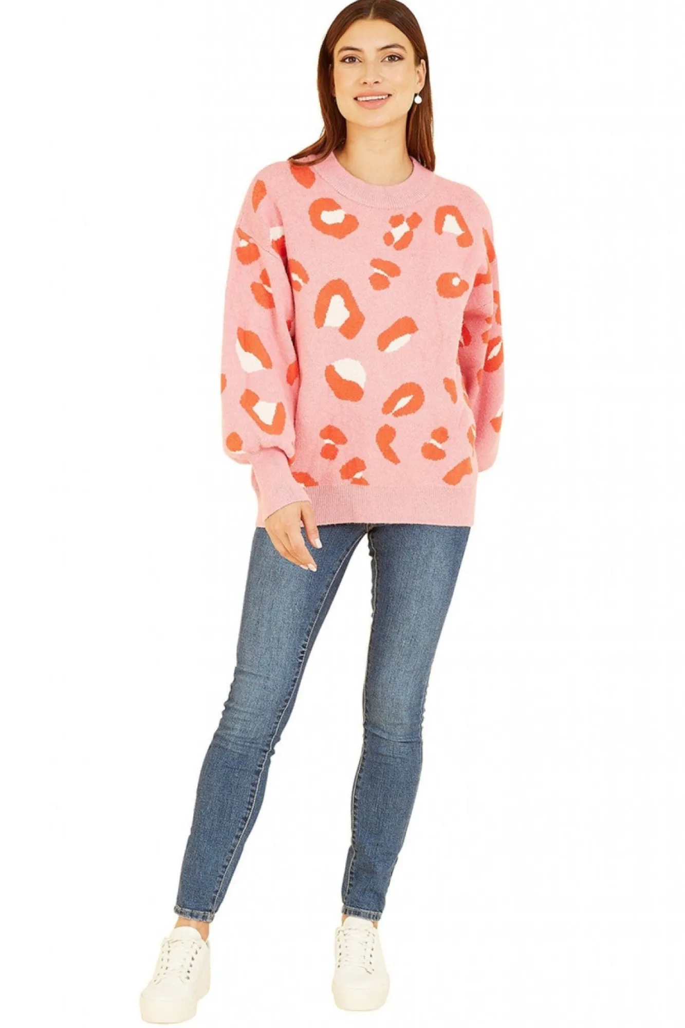 Jumpers^Yumi Abstract Animal Print Intarsia Relaxed Jumper Pink