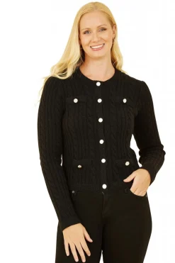 Cardigans^Yumi Cable Knit Cropped Button Up Cardigan Black