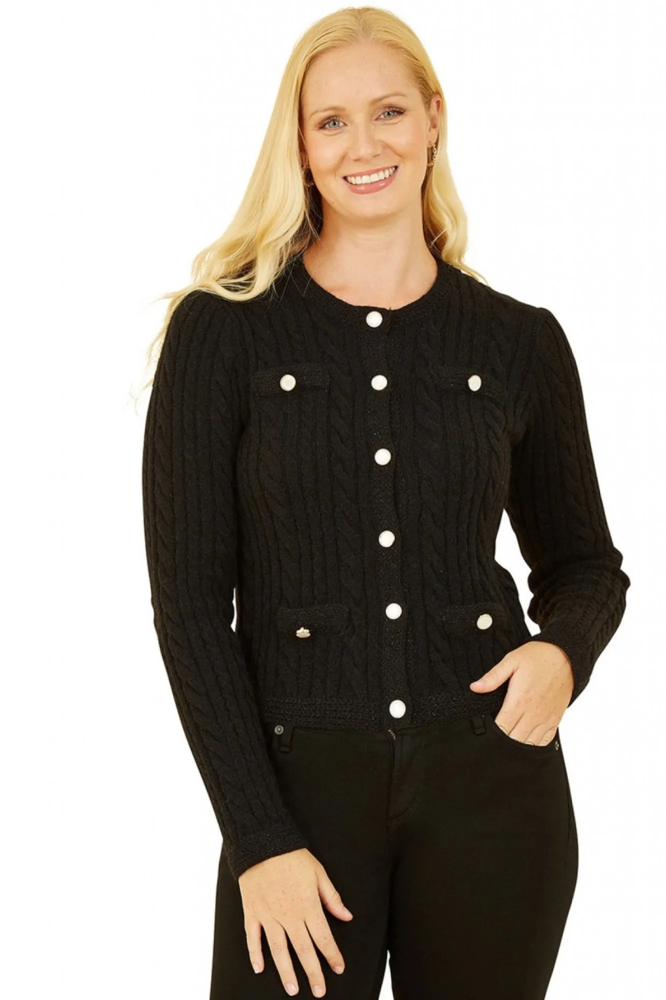 Cardigans^Yumi Cable Knit Cropped Button Up Cardigan Black