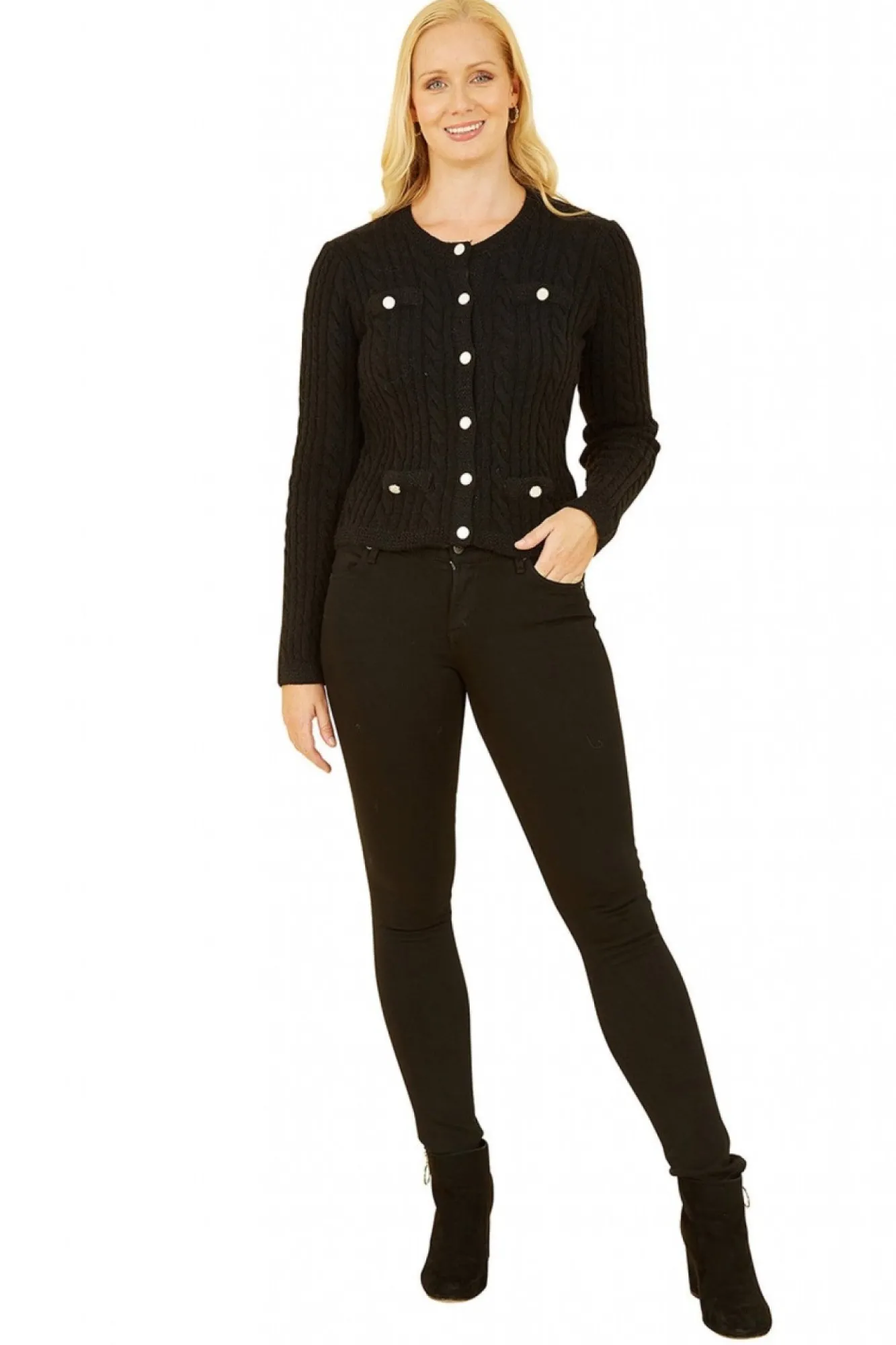 Cardigans^Yumi Cable Knit Cropped Button Up Cardigan Black