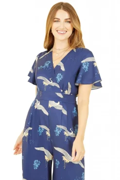 Jumpsuits^Yumi Crane Print Angel Sleeve Jumpsuit Navy