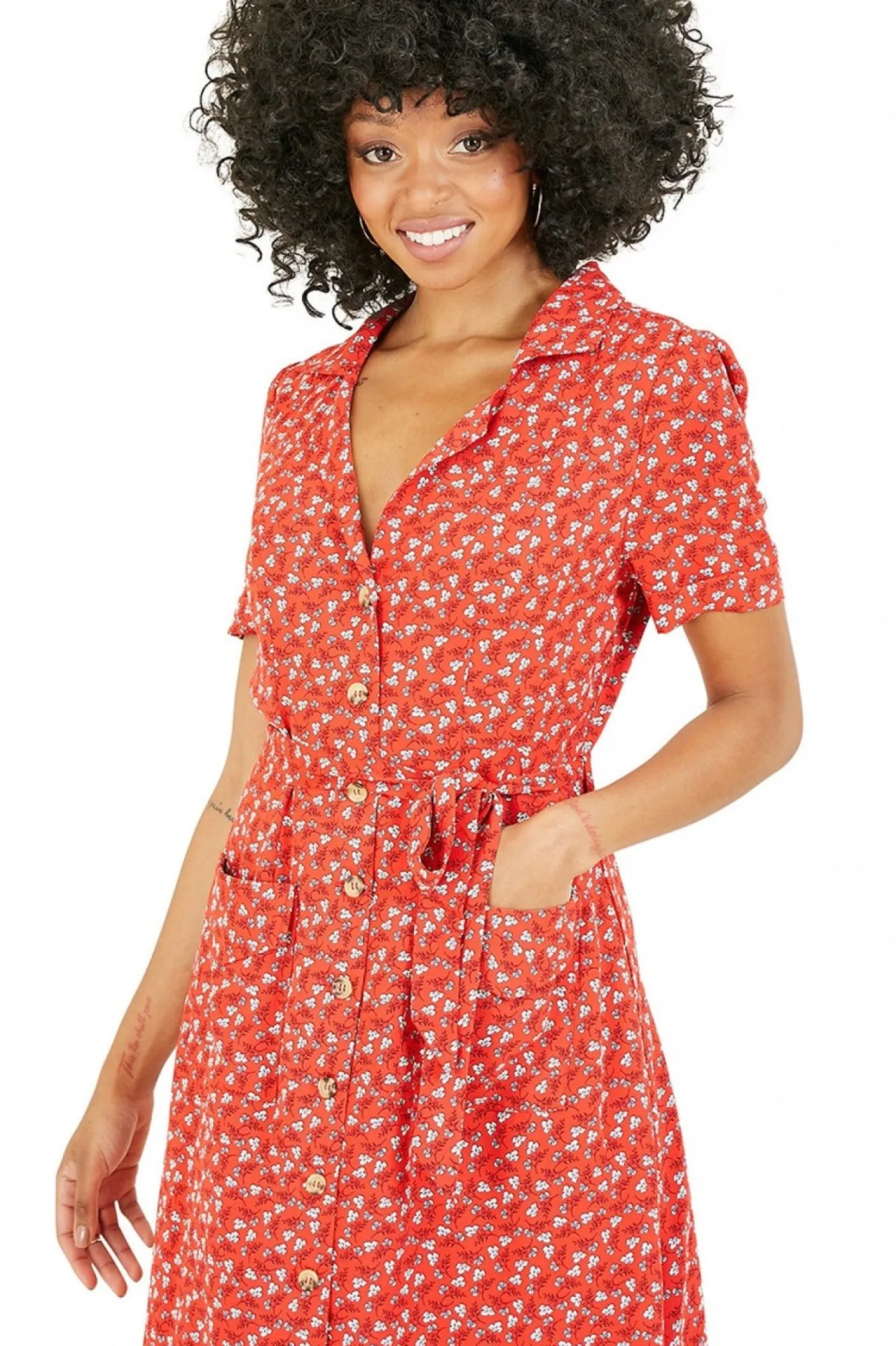 Mini Dresses^Yumi Ditsy Leaf Print Retro Shirt Dress Red