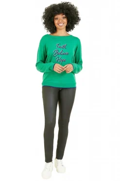 Jumpers^Yumi Faith Believe Hope Slogan Knitted Jumper Green