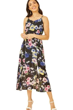 Mini Dresses^Yumi Floral Strappy Midi Dress With Split Hem Black