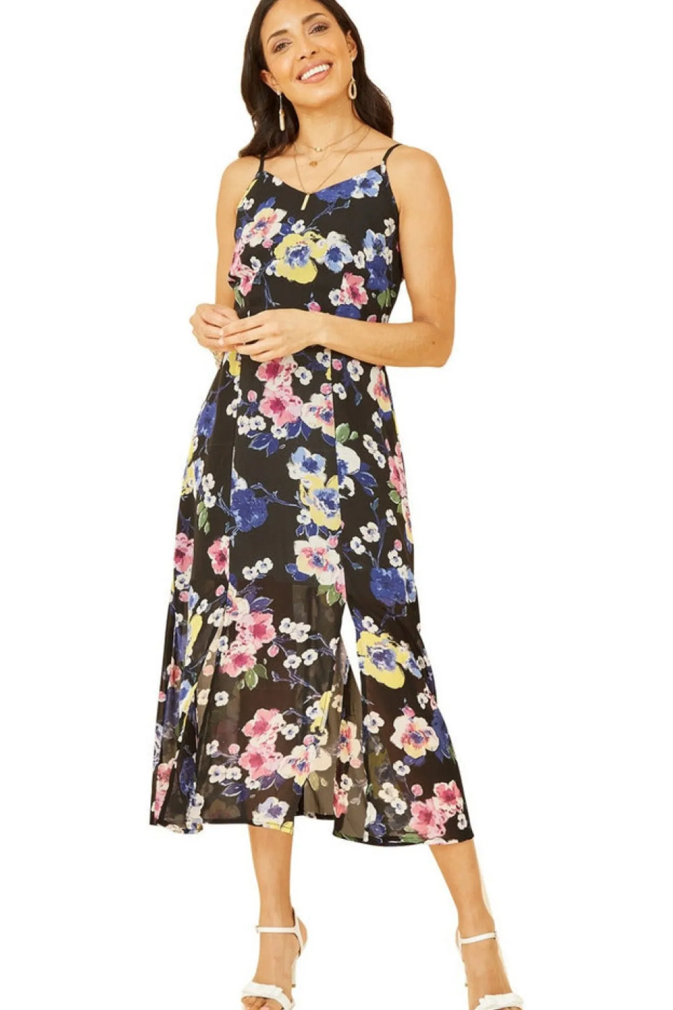 Mini Dresses^Yumi Floral Strappy Midi Dress With Split Hem Black