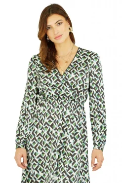 Midi Dresses^Yumi Geo Print Wrap Satin Midi Dress Green