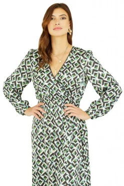 Midi Dresses^Yumi Geo Print Wrap Satin Midi Dress Green