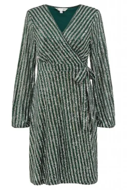 Mini Dresses^Yumi Green And Silver Stripe Sequin Wrap Dress Greensilver