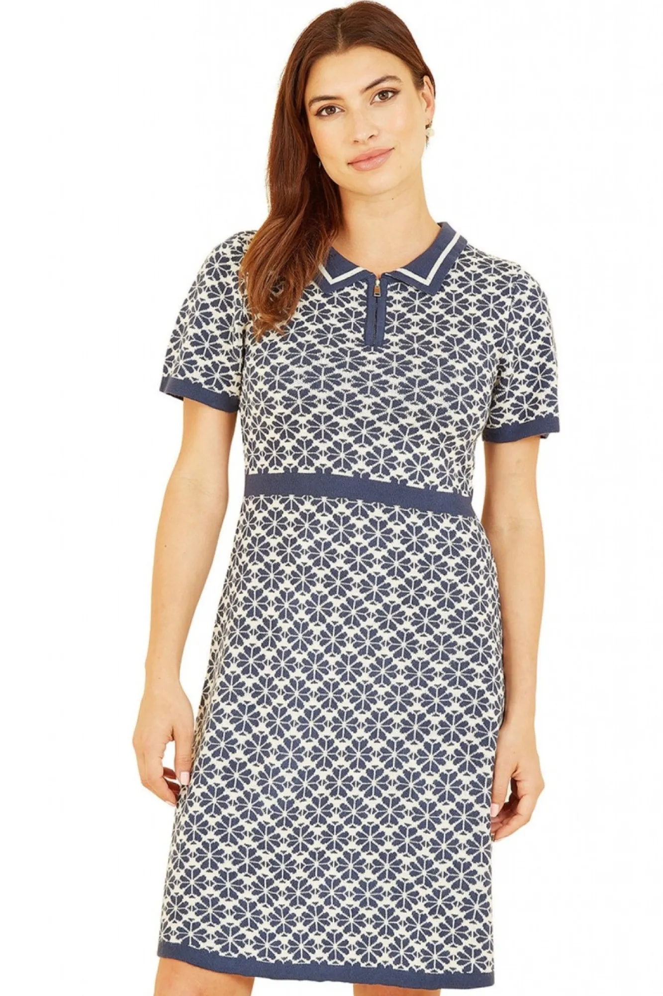Mini Dresses^Yumi Intarsia Daisy Knitted Dress With Zip Collar Blue