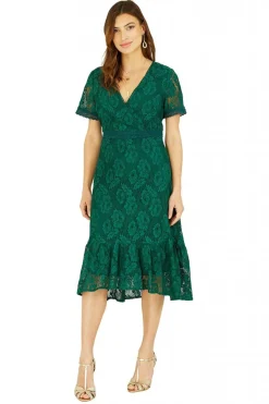 Midi Dresses^Yumi Lace Skater Midi Dress With Ruffle Hem Green