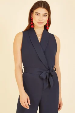 Jumpsuits^Yumi Navy Satin Wrap Front Jumpsuit Blue
