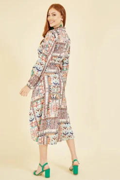 Midi Dresses^Yumi Patchwork Print Long Sleeve Shirt Dress Green
