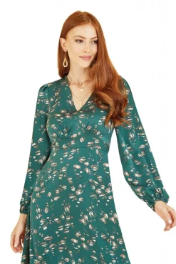 Midi Dresses^Yumi Pebble Print Long Sleeve Midi Dress Green