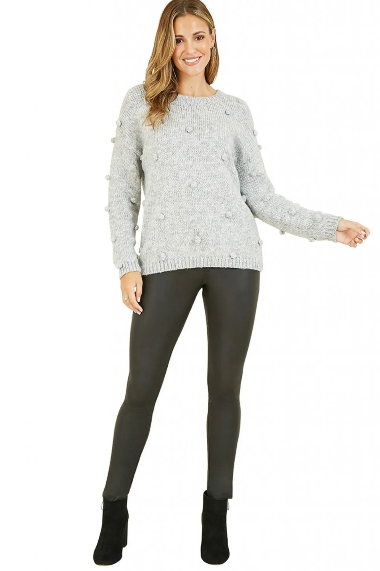 Jumpers^Yumi Pom Pom Relaxed Knitted Jumper Grey