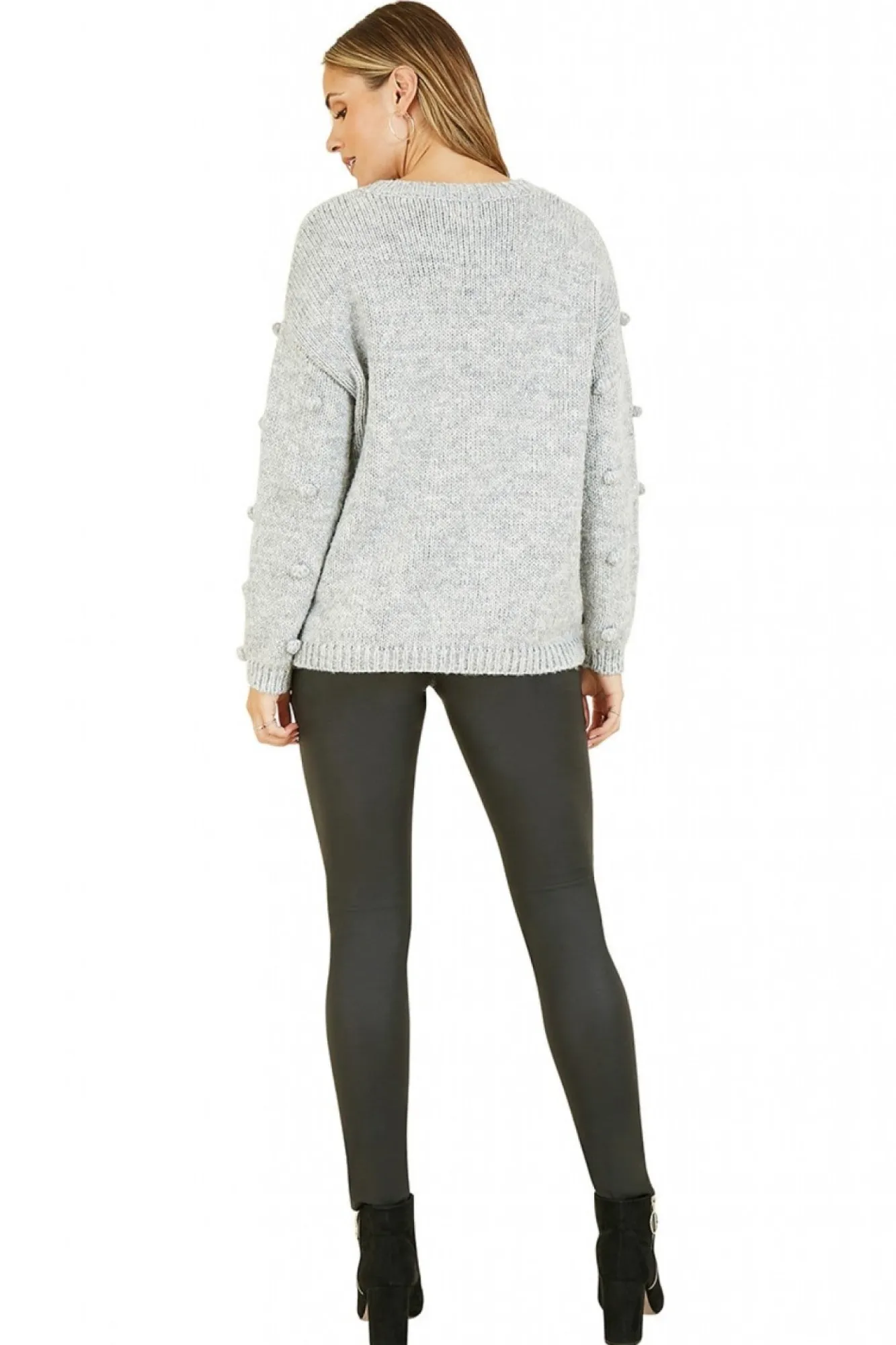 Jumpers^Yumi Pom Pom Relaxed Knitted Jumper Grey