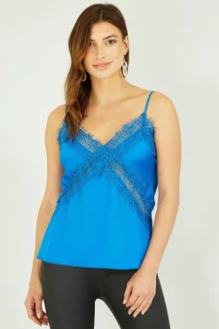 Blouses^Yumi Satin Lace Detail Vest Top Blue