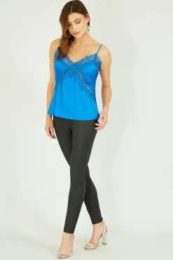 Blouses^Yumi Satin Lace Detail Vest Top Blue