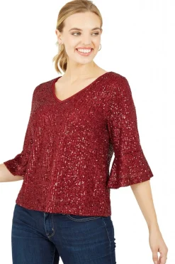 Blouses^Yumi Sequin Top With Fluted Sleeve Red