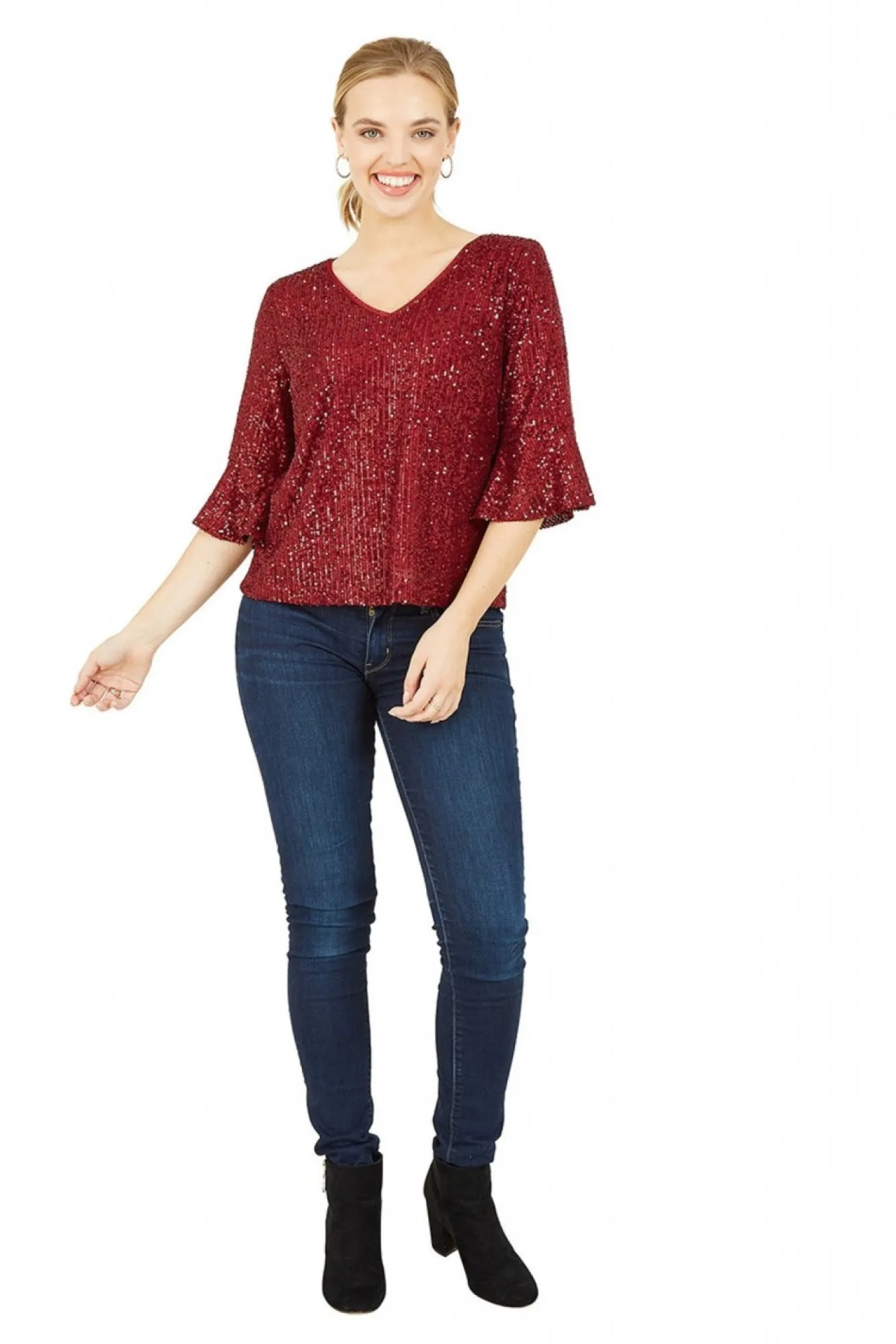 Blouses^Yumi Sequin Top With Fluted Sleeve Red
