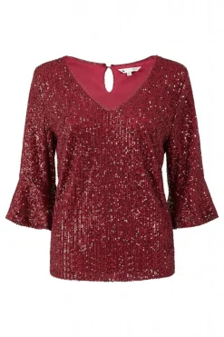 Blouses^Yumi Sequin Top With Fluted Sleeve Red
