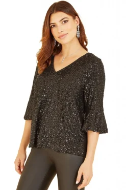Blouses^Yumi Sequin Top With Fluted Sleeve Black