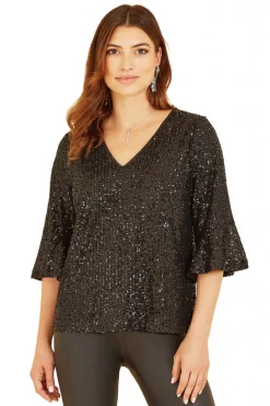 Blouses^Yumi Sequin Top With Fluted Sleeve Black