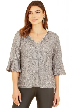 Blouses^Yumi Sequin Top With Fluted Sleeve Silver