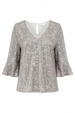 Blouses^Yumi Sequin Top With Fluted Sleeve Silver